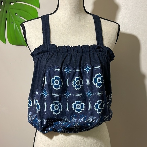 We The Free | Free People Love Life Bubble Top in Linen Cotton Navy Combo size S - Picture 8 of 15